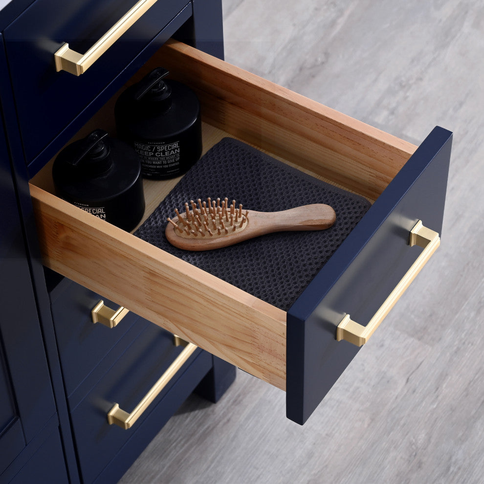 36" W Freestanding Bath Vanity, Navy Blue with Fish Belly Engineered Top