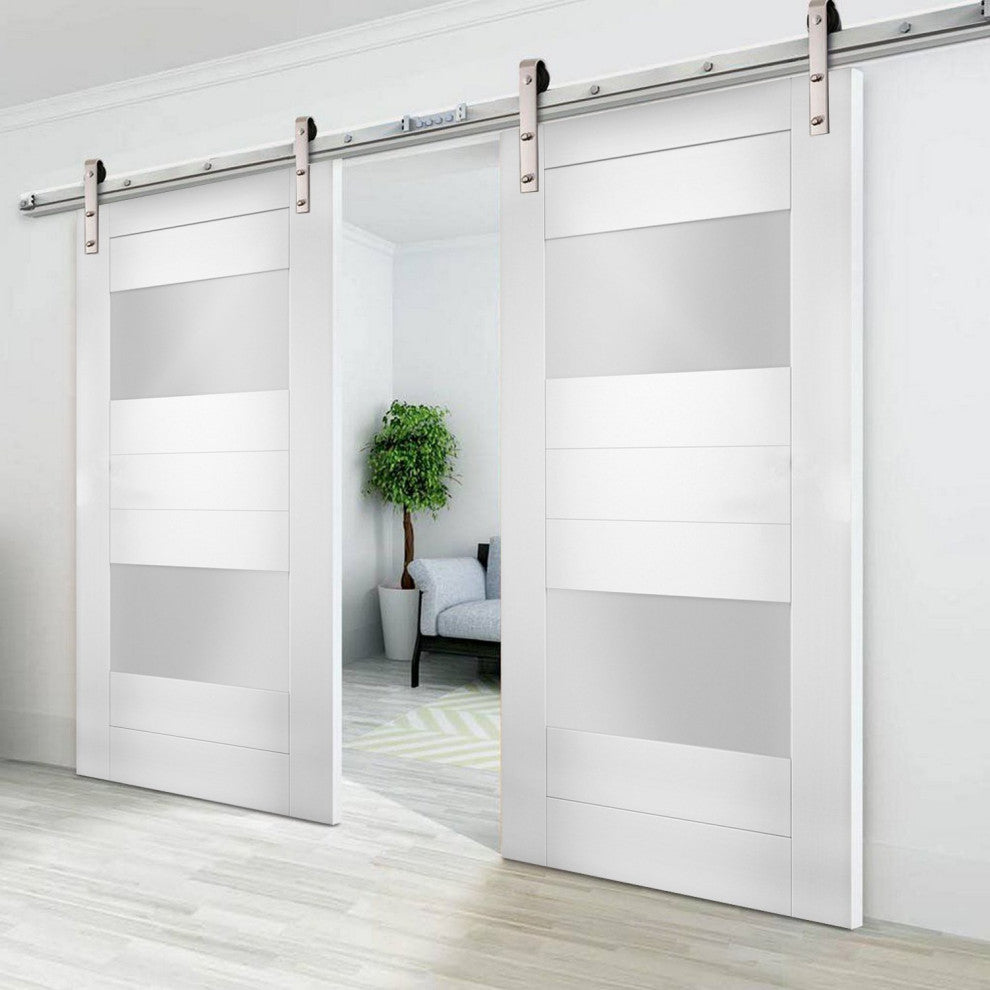 Double Barn Doors Opaque Glass / Sete 6222 White Silk / Silver 13FT Rail, 84" X 84" ( 2* 42x84)