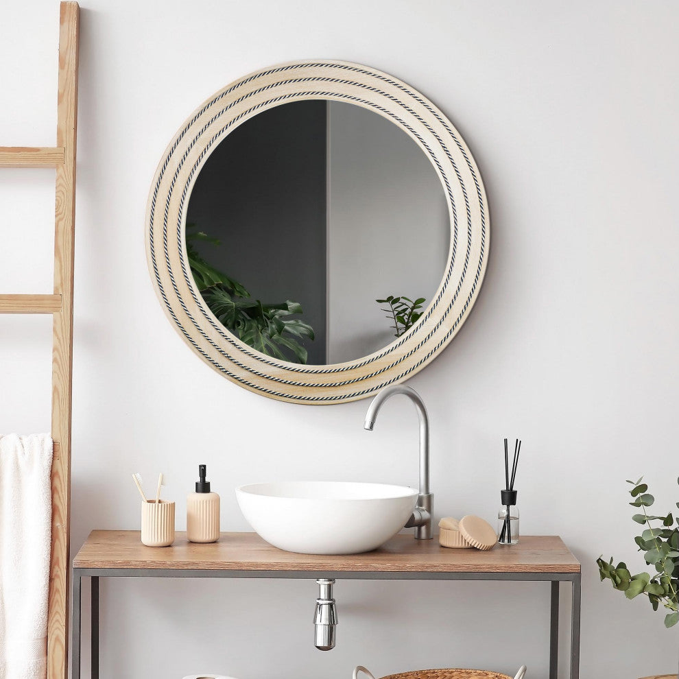 Rustic Neutral Wood Framed Round Wall Mirror With Inlaid Rope