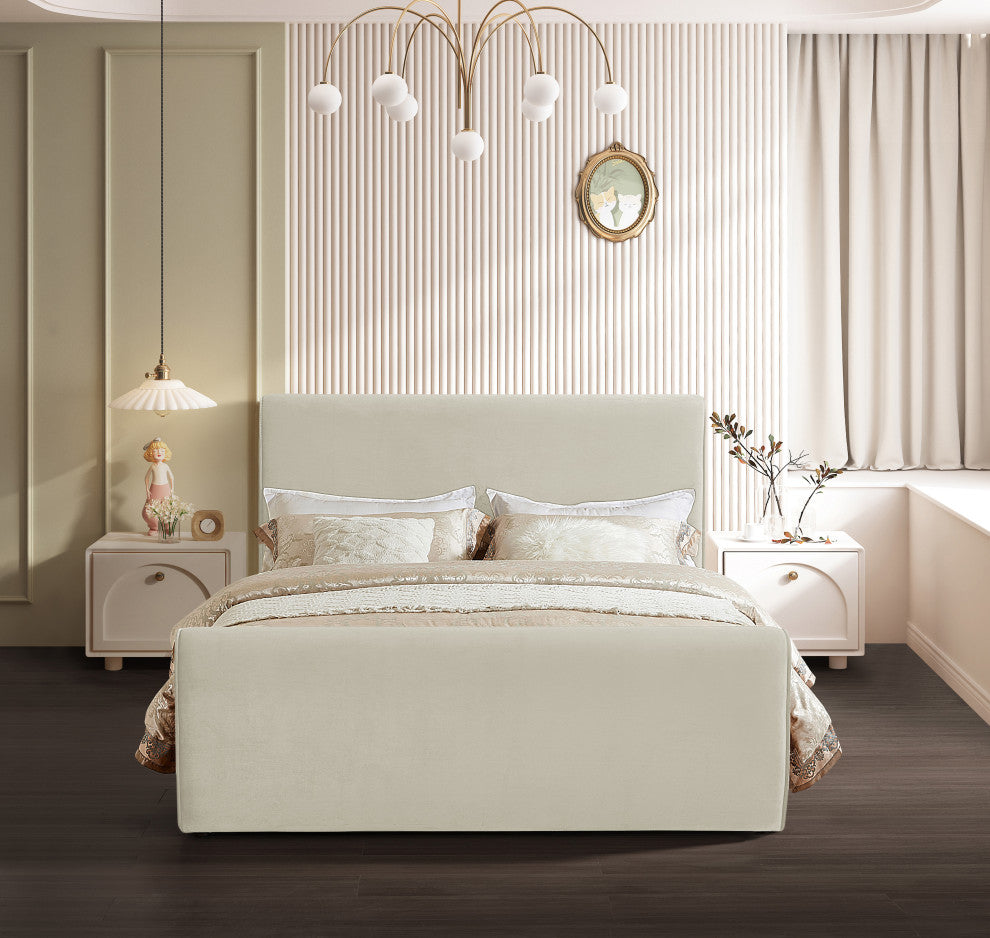 Sloan Black Velvet Full Bed, Cream, Queen