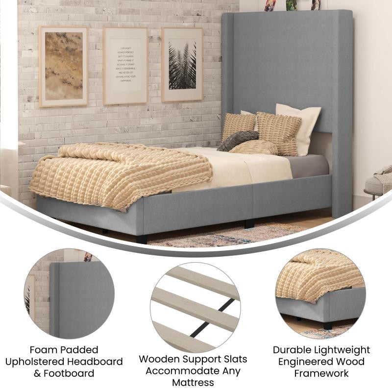 Quinn Upholstered Platform Bed with Channel Stitched Wingback Headboard, Gray, Twin