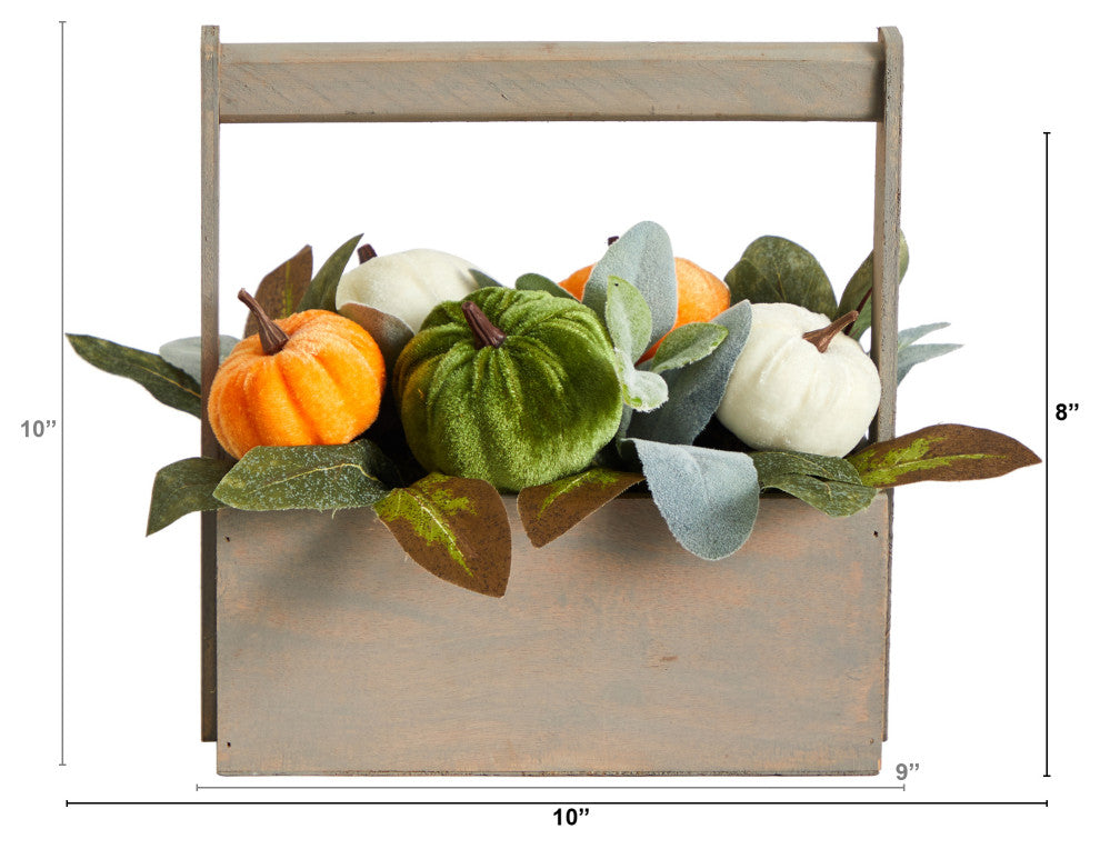 10" Fall Pumpkin Artificial Autumn Arrangement, Wood Basket