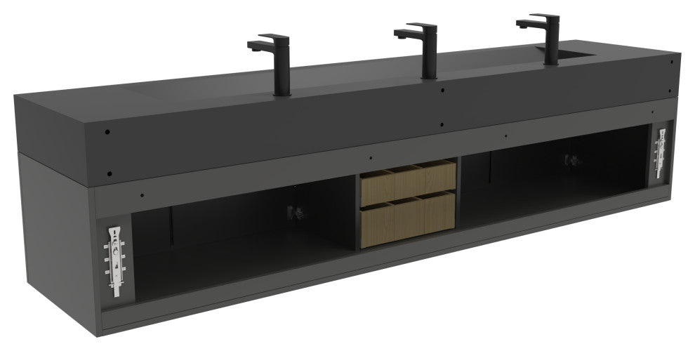 CastelloUSA Nile 84" Wall Mounted Bathroom Vanity Set, Black, Black Top, Black Handles
