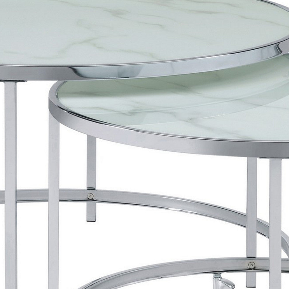 Benzara Marbled Glass Nesting Accent Tables, Round Top, Metal, 2-Piece Set