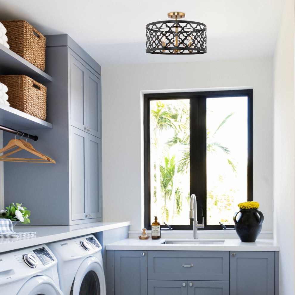 Kira Home Sutton 16" Ceiling Light, Metal Drum Shade, Warm Brass, Black