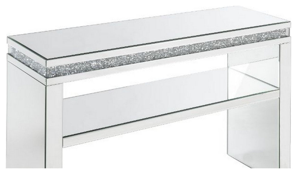 Benzara BM250574 Sofa Table With Mirror Panel Frame and 1 Glass Shelf, Silver