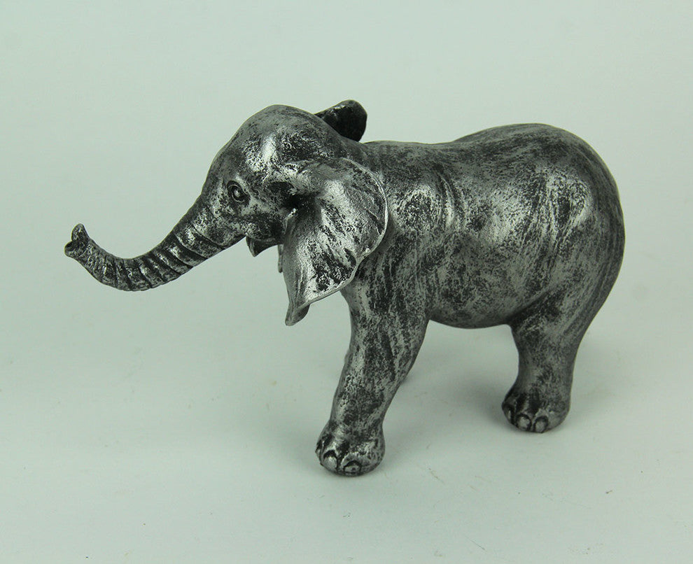Antique Silver Finish Walking Trunk Up Elephant Statue