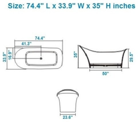 ADM Curved Freestanding Bathtub, Matte White, 74.4"