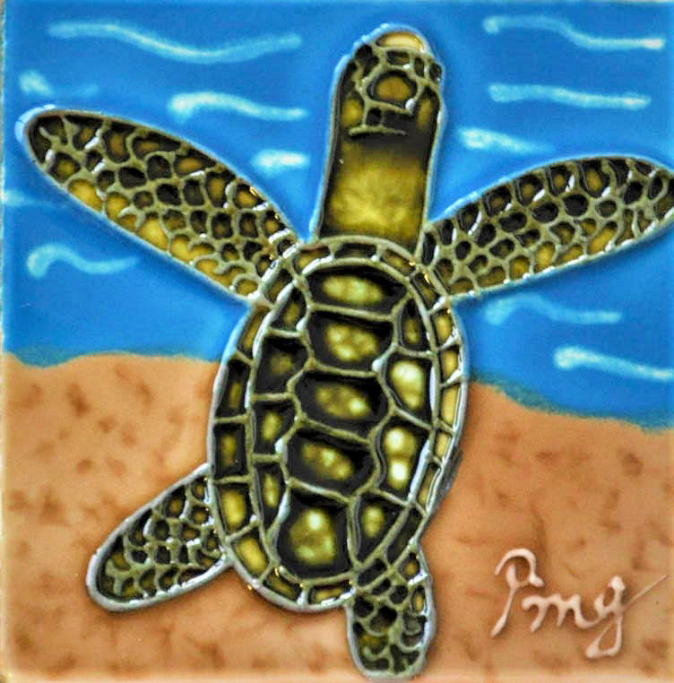 4x4" Sea Turtle on a Beach Ceramic Art Tile Drink Holder Coaster