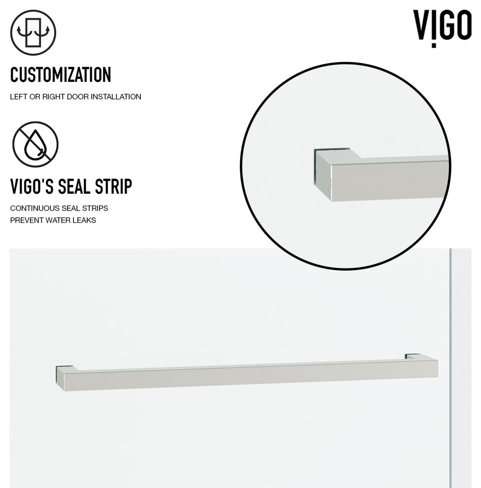 VIGO Houston Frameless Sliding, V-Motion, Stainless Steel, Tub Door, 56" to 60" W X 66" H, Clear Glass