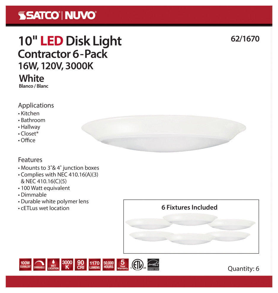 10 inch - LED Disk Light - 3000K - 6 Unit Contractor Pack - White Finish