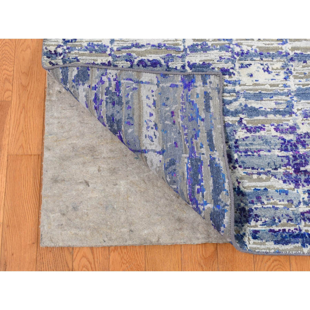 Indigo Color, Diminishing Bricks, Sari Silk, Hand Knotted, Rug, 10'2"x13'10"