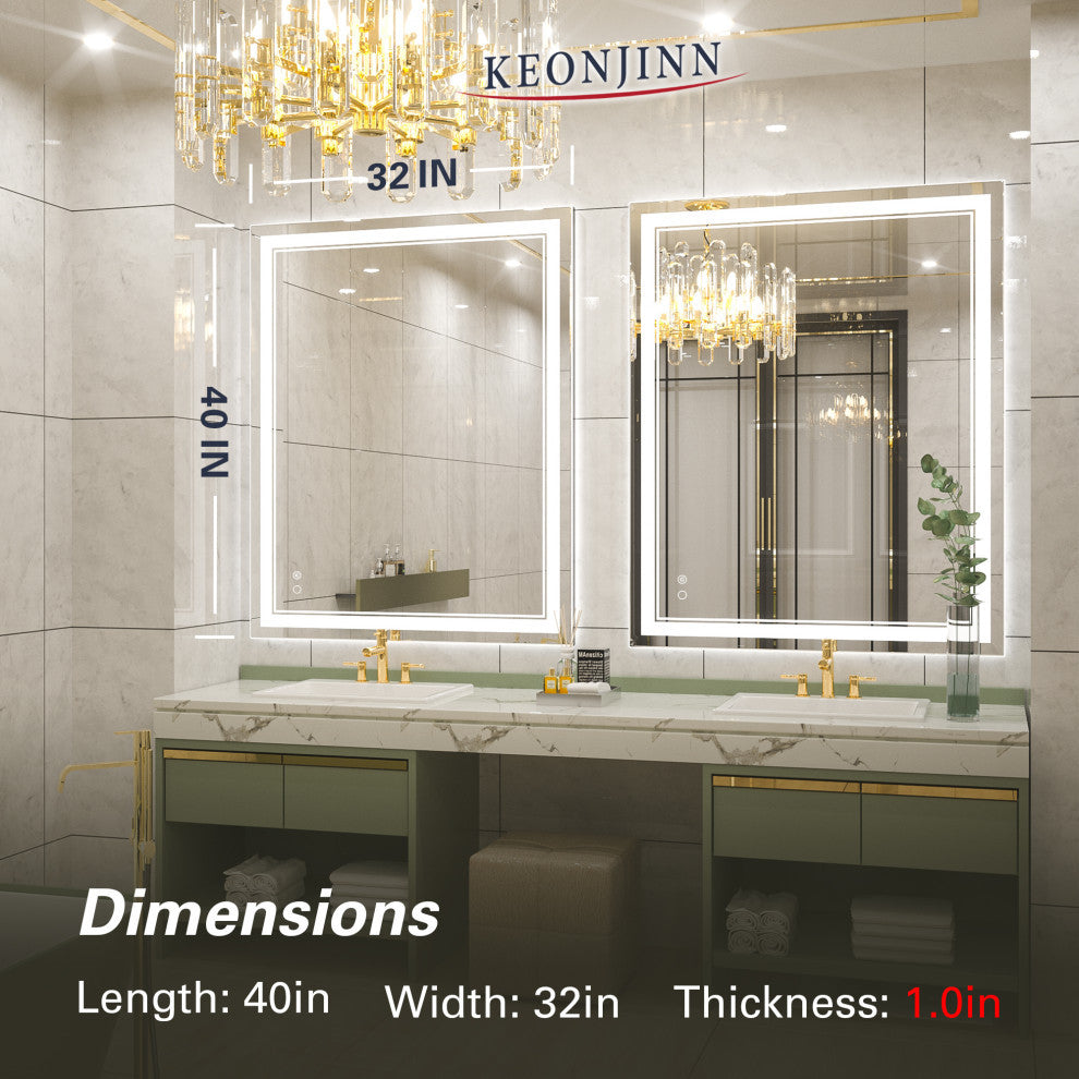 LED Bathroom Mirror, Anti-Fog Memory Dimmable IP54 Waterproof, 48"x32"