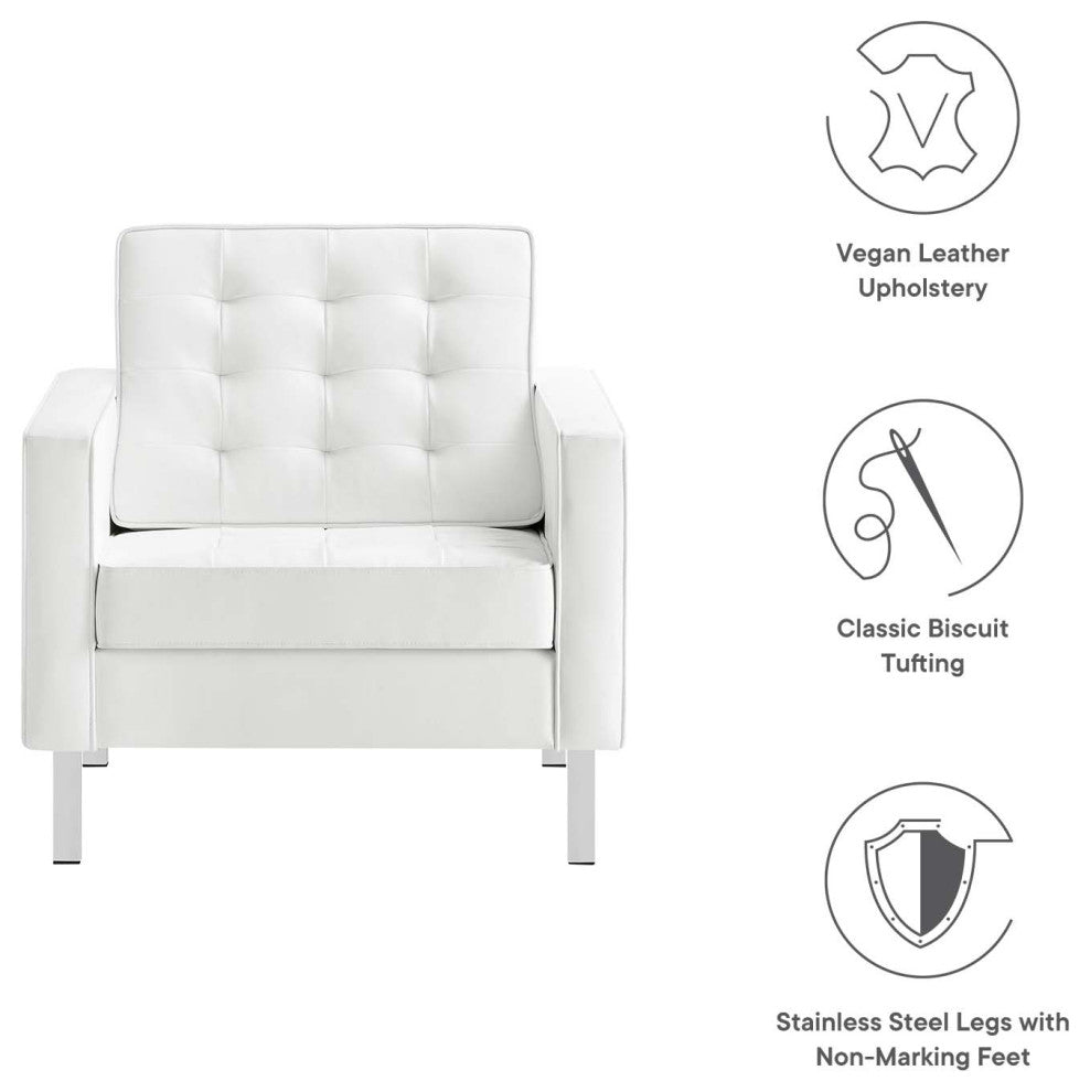 Modern Lounge Accent Side Chair Armchair, Faux Vinyl Leather, Black Silver, White