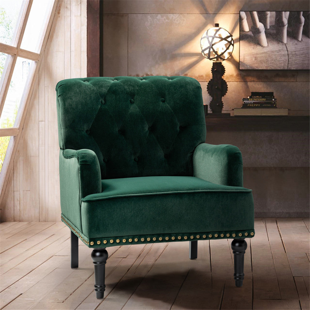Upholstered Accent Armchair With Nailhead Trim, Green