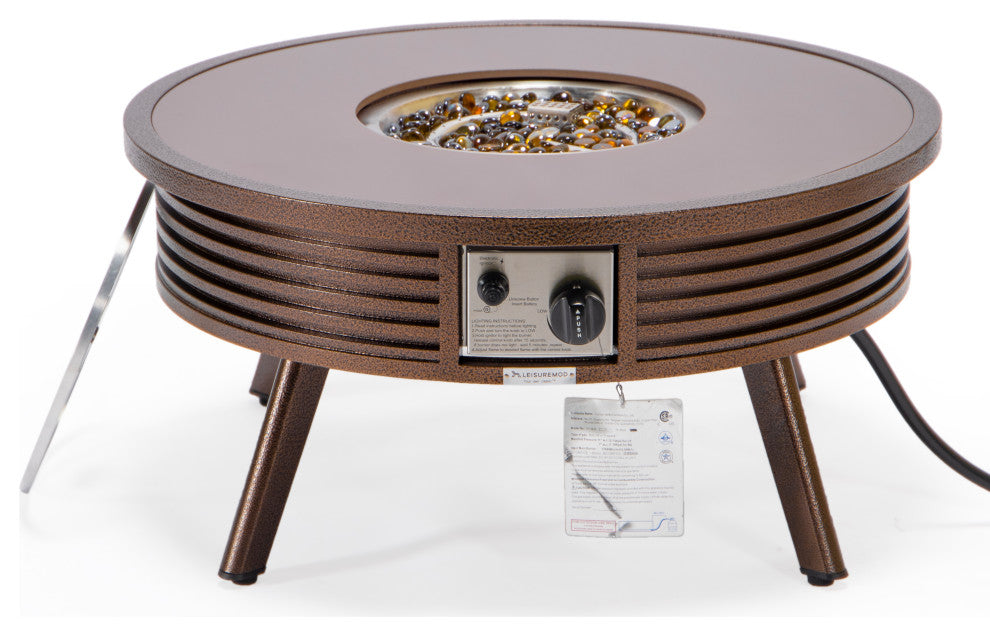 Leisuremod Walbrooke Patio Round Fire Pit Table With Aluminum Slats Frame, Brown