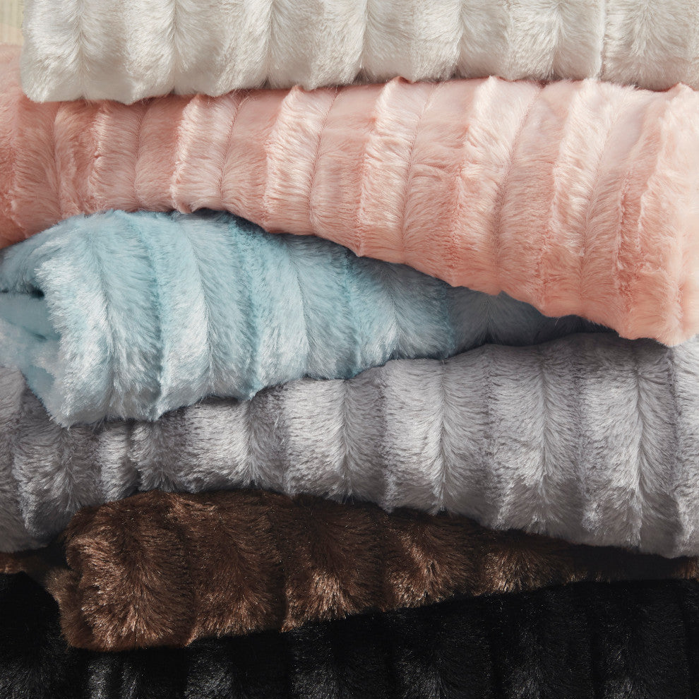 Madison Park Solid Stripe Plaited Brushed Long Fur Knitted Throw, Gray
