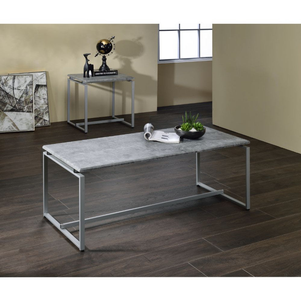 Acme Jurgen 3 PC Coffee and End Set Faux Concrete Top and Silver Finish