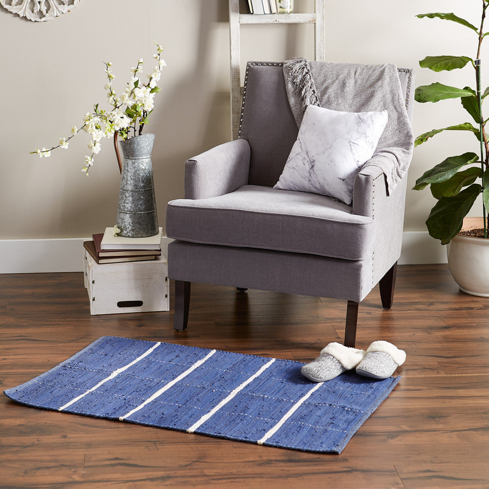 French Blue and Cream Farmhouse Check Rug 26x40 inches