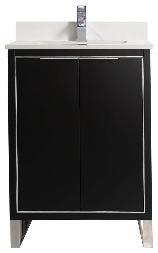 Opulence Bath Vanity, Black Matte, 24", Chrome Hardware, White Carrara Top