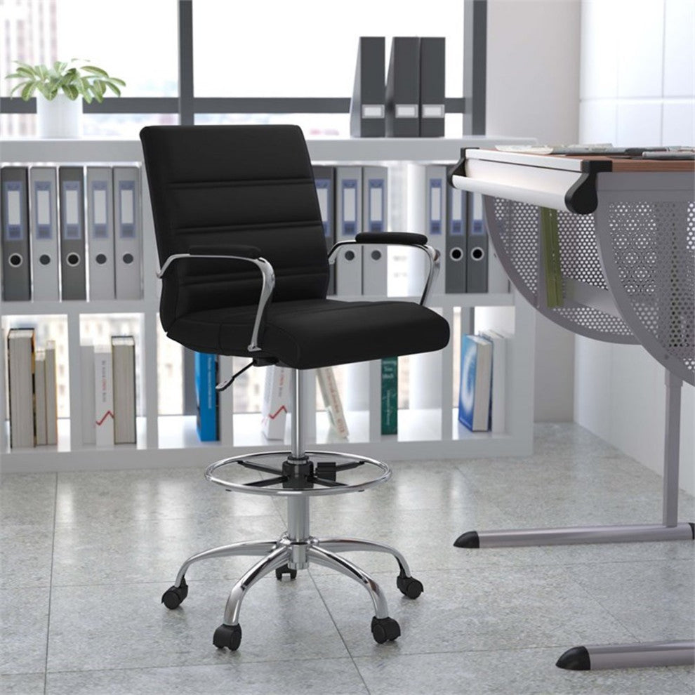 Mid-Back LeatherSoft Drafting Chair, Adjustable Foot Ring, Chrome Base, Black