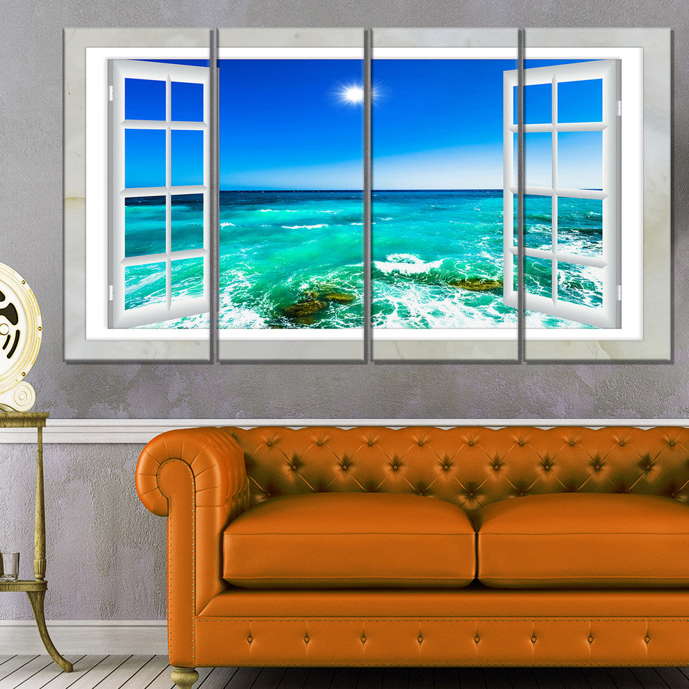 "Open Window To Wavy Ocean" Seashore Canvas Art, 4 Panels, 48"x28"