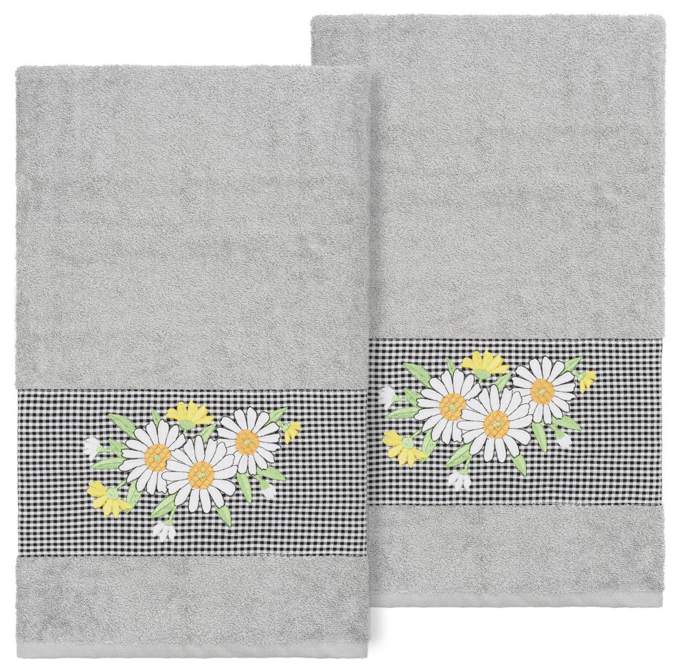Linum Home Turkish Cotton Daisy 2-Piece Embellished Bath Towel Set, Light Gray