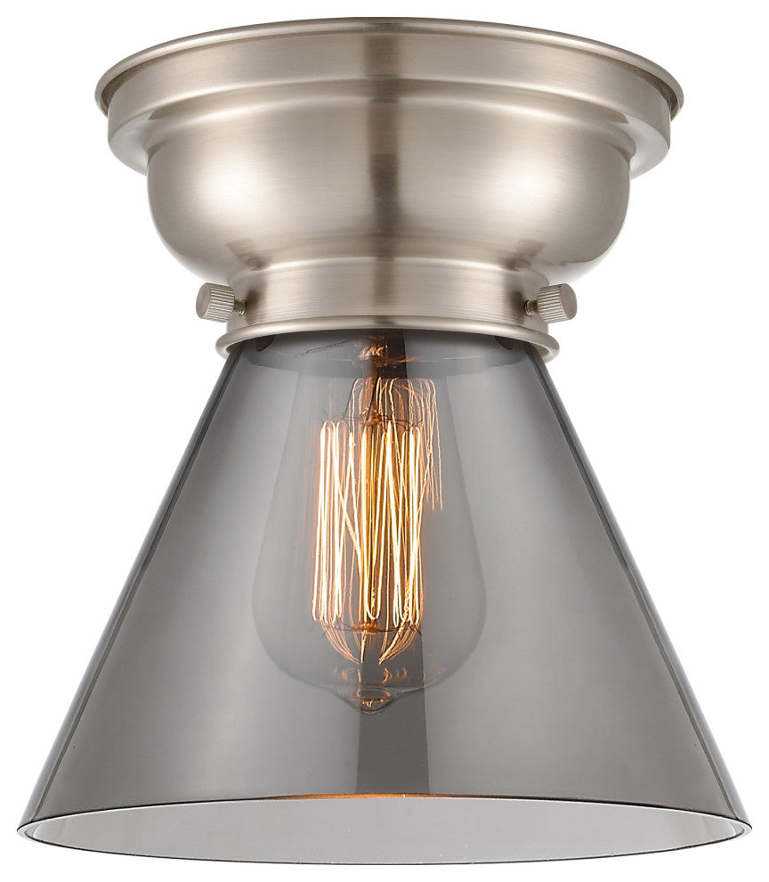 Large Cone 1-Light Flush Mount, Brushed Satin Nickel, Plated Smoke