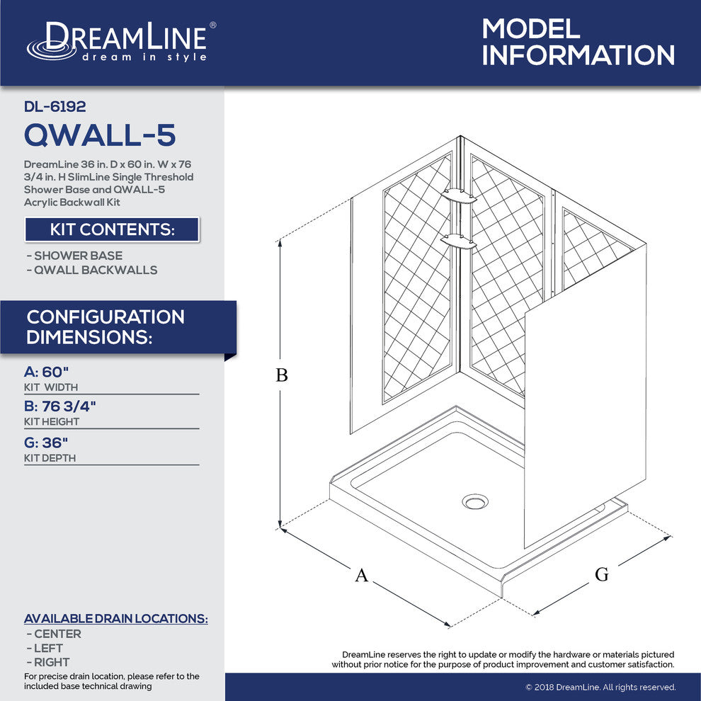 Dreamline Slimline 36"x60" Shower Base and Shower Backwall Kit