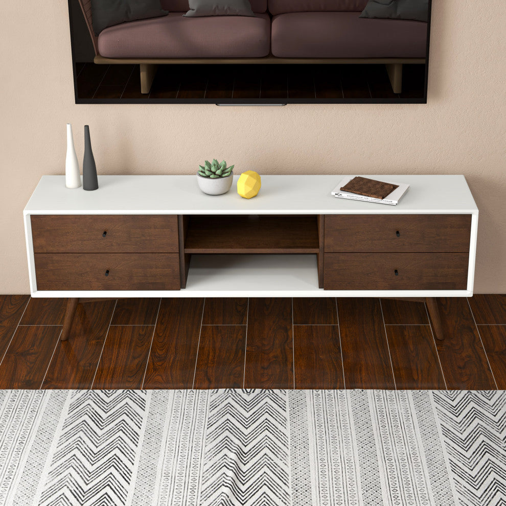 Noak Mid-Century Modern Solid Wood TV Stand With 6 Storage Cabinet, White