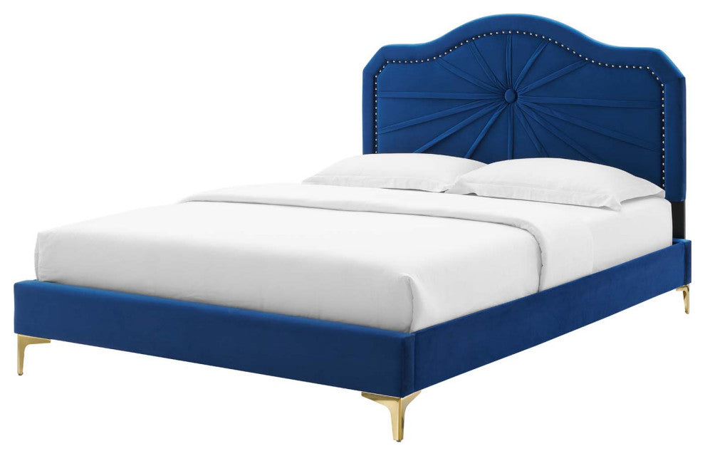 Platform Bed Frame, Queen Size, Velvet, Blue Navy, Modern Contemporary, Bedroom