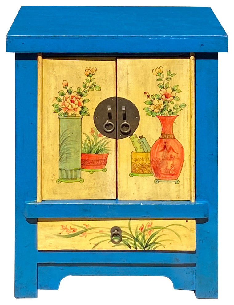 Chinese Rustic Bright Blue Yellow Graphic End Table Nightstand Hcs7355