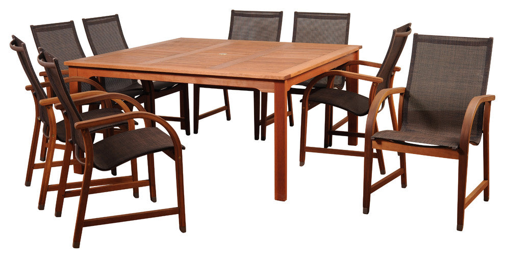 Amazonia Bahamas 9-Piece Eucalyptus Square Dining Set With Brown Sling Chair
