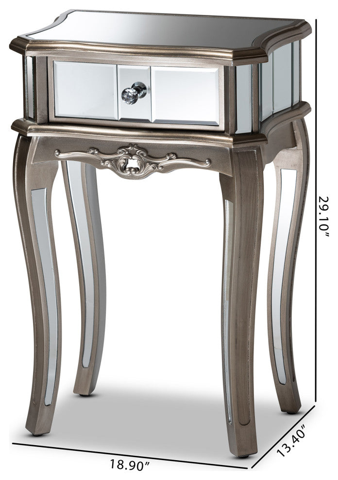 Elgin Brushed Silver Finished Wood and Mirrored Glass 1-Drawer Nightstand