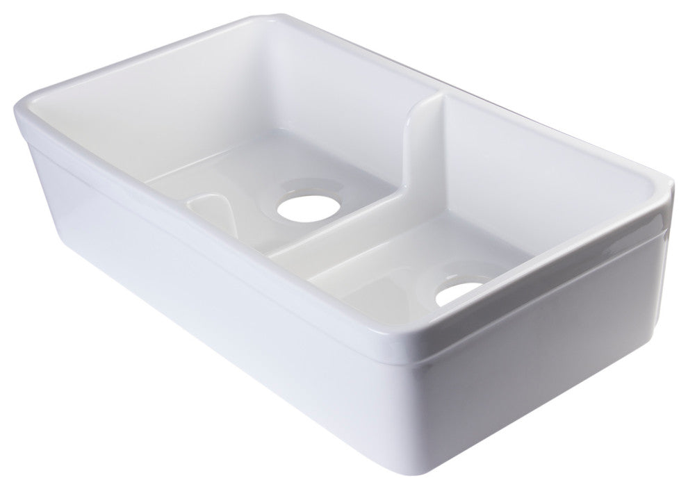 Biscuit 32" Short Wall Double Bowl Fireclay Farmhouse Kitchen Sink, White