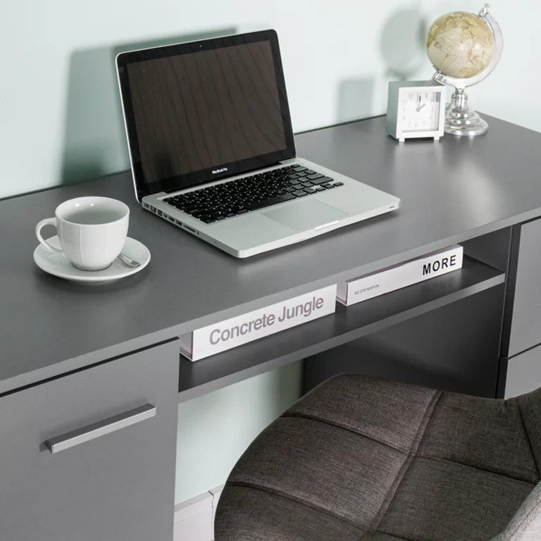 Modern Desk, Rectangular Table Top With Storage Drawers & Metal Handles, Gray