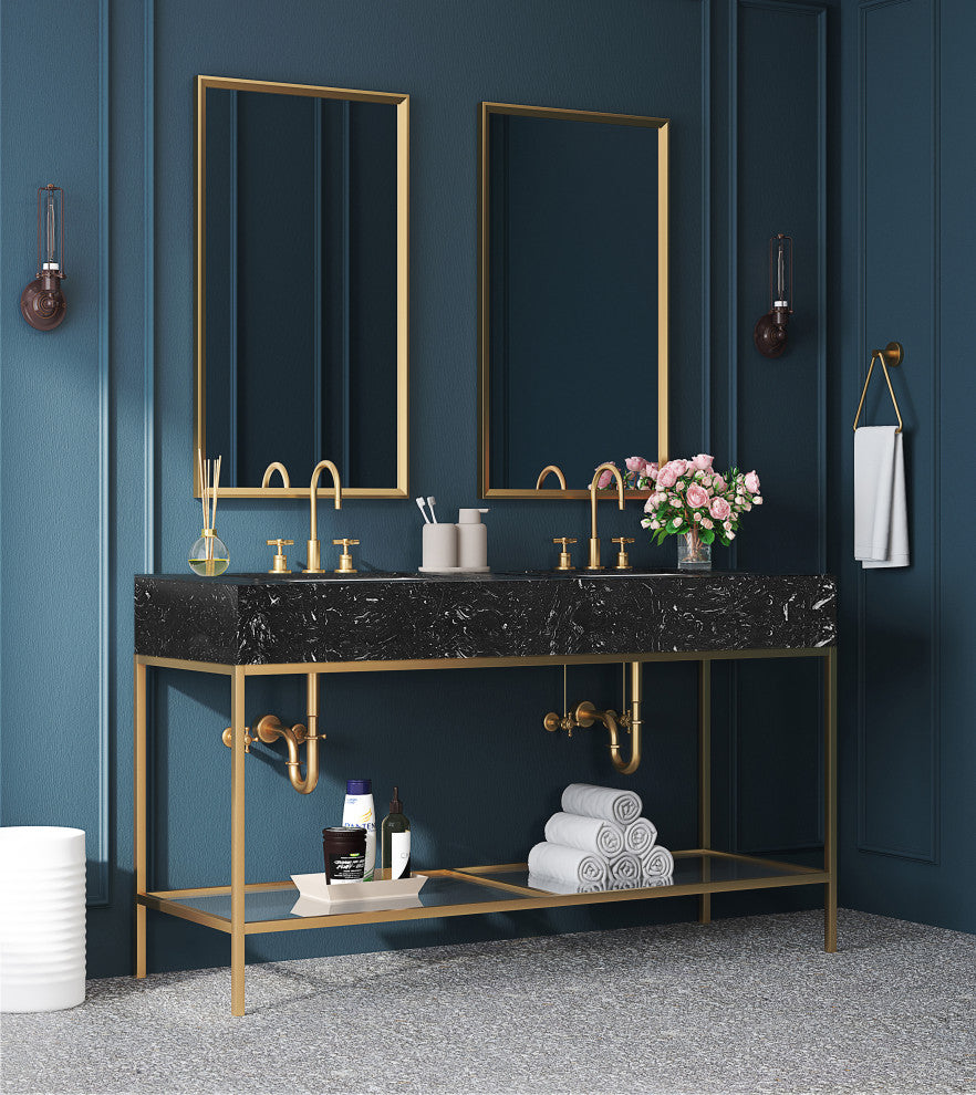 Marmo Bathroom Vanity, Black, 60" Wide, Brushed Brass Finish