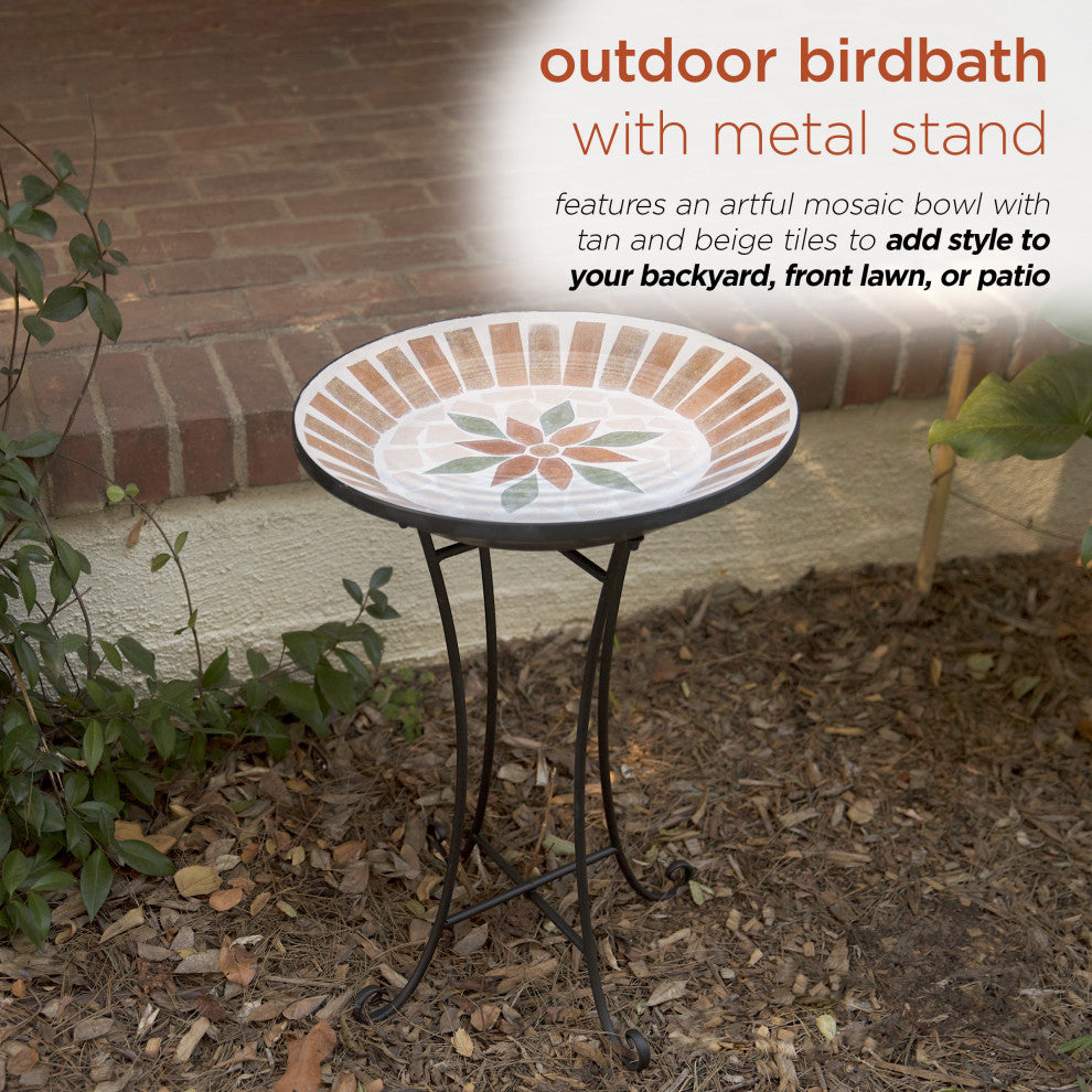 25"H Outdoor Decorative Mosaic Birdbath with Metal Stand, Tan/Beige