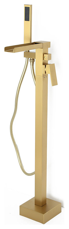 Modern Waterfall Freestanding Bathroom Bathtub Faucet Floor Mount Tub Filler, Brushed Gold