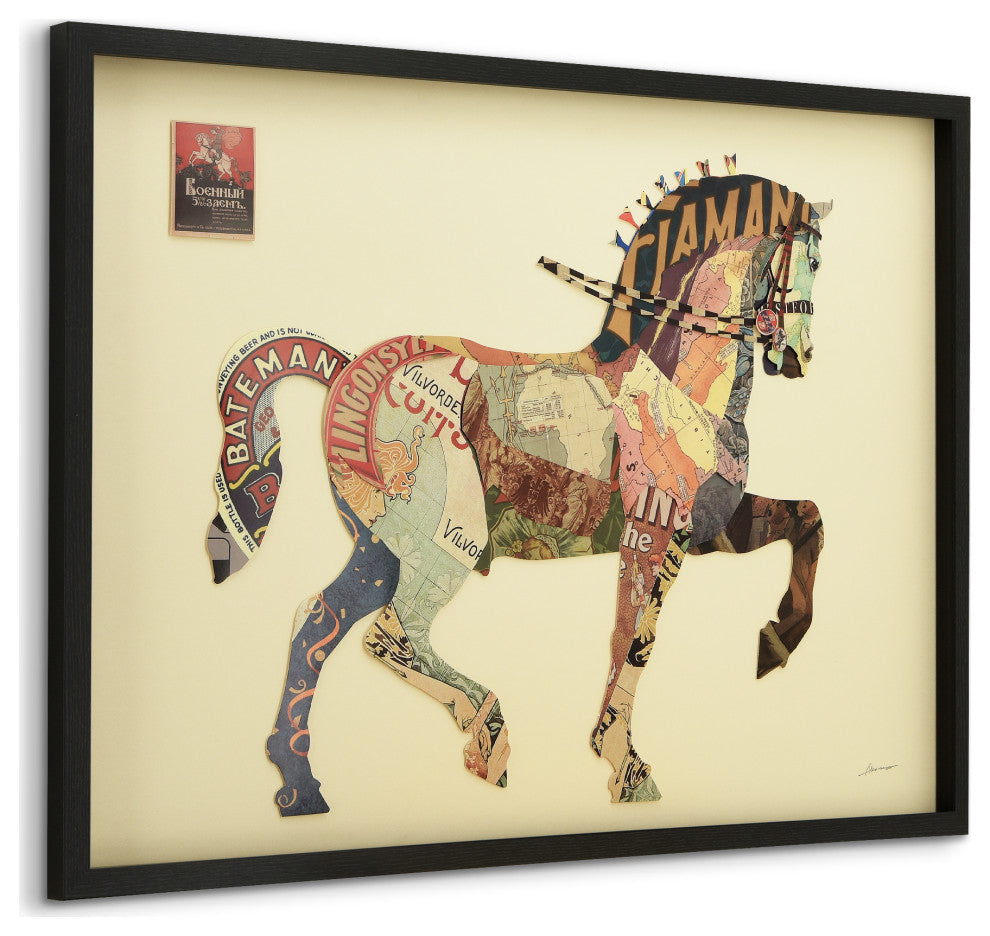 Carousel Horse Dimensional Handmade Collage Wall Art Framed Under Glass