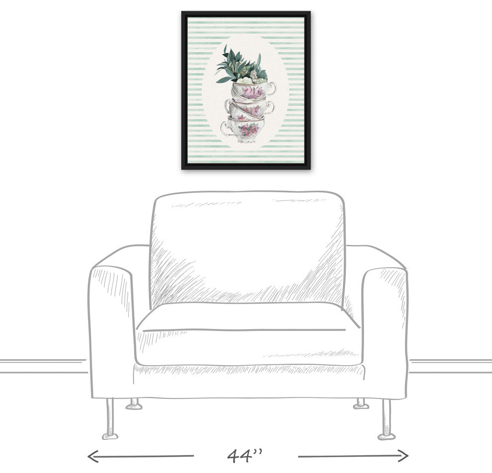 Stack Of Tea Cups Floral Stripes 5 16x20 Black Floating Framed Canvas