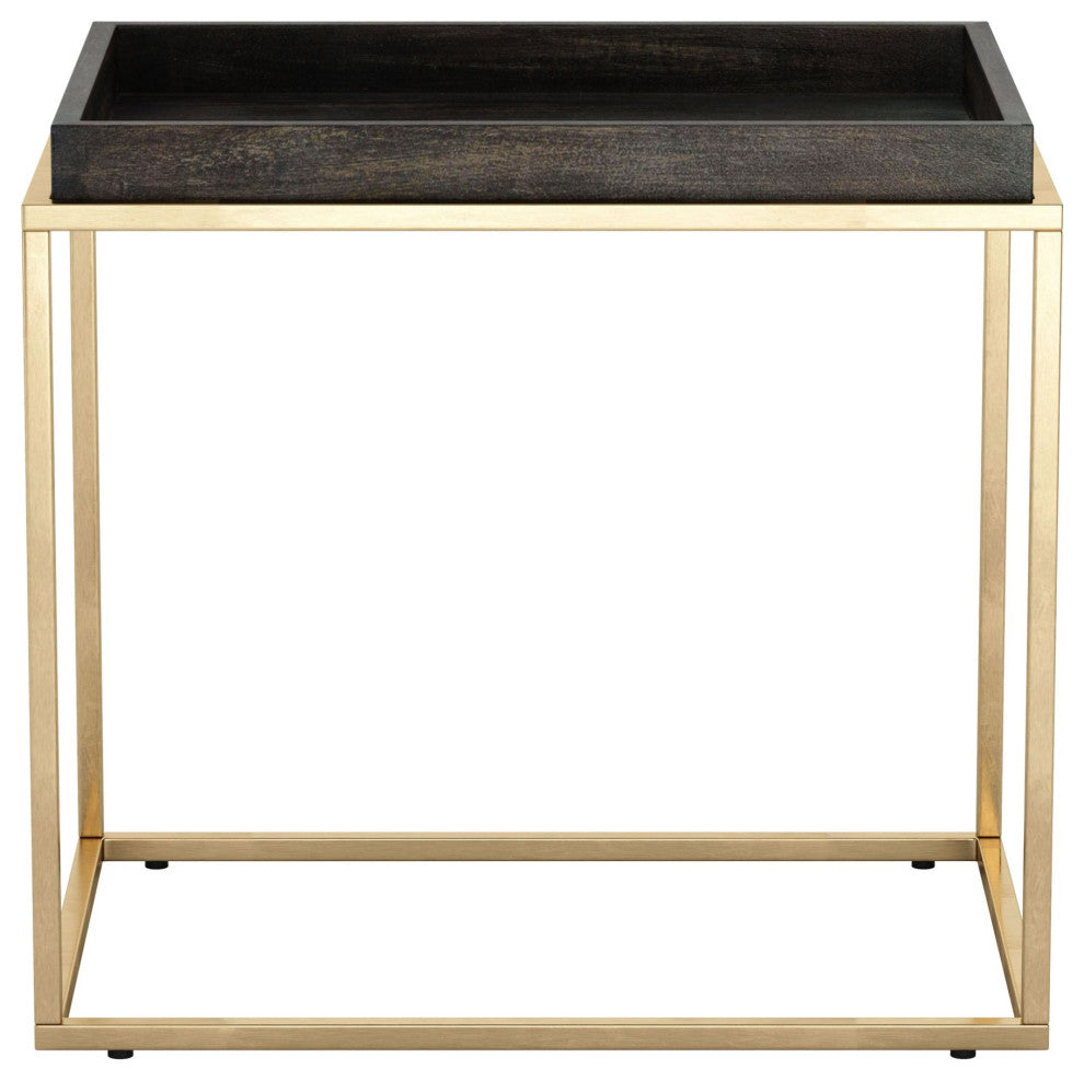 Sofa Side Table, Rectangular, Aluminum, Metal, Wood, Black, Brass, Hospitality