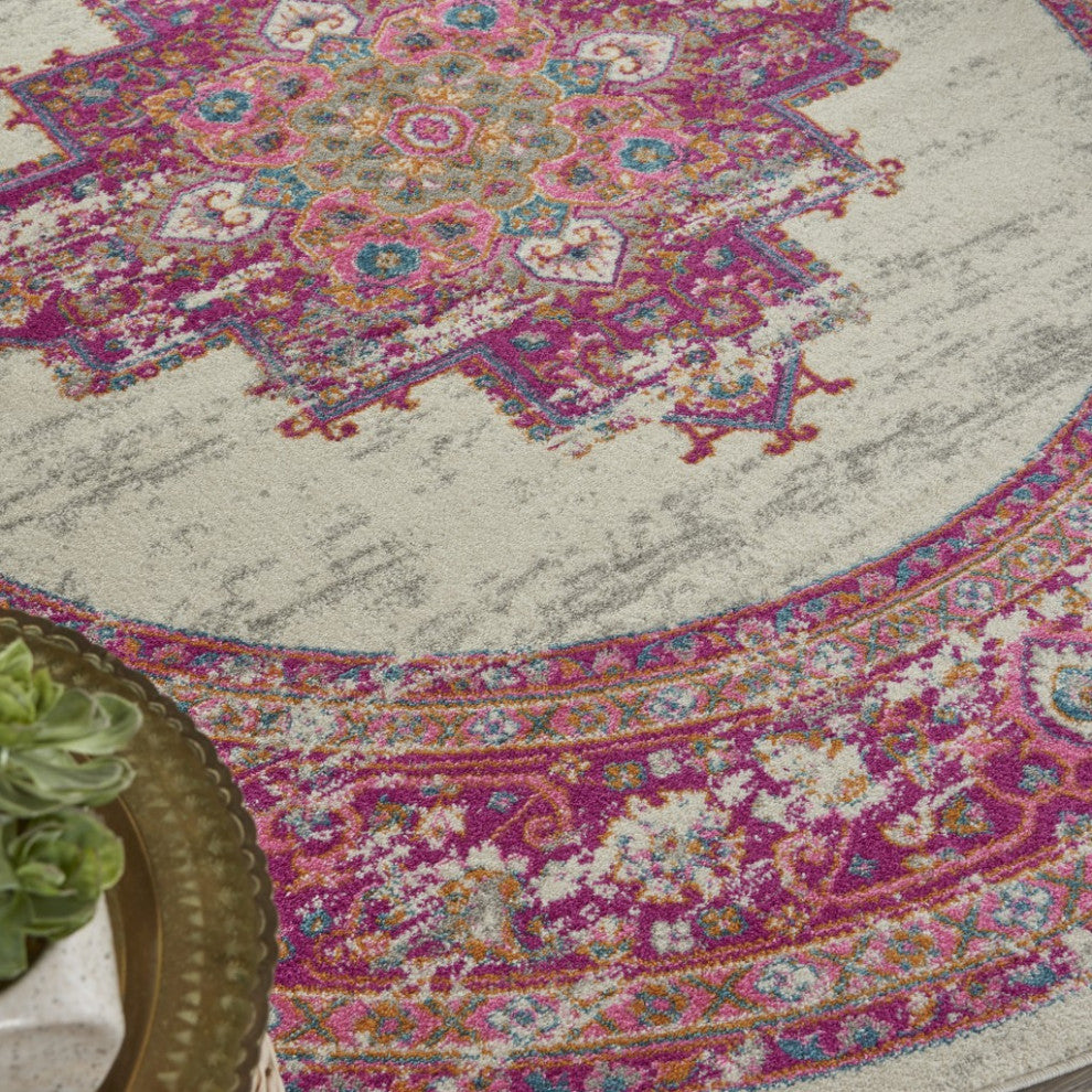 8 Round Ivory and Fuchsia Distressed Area Rug