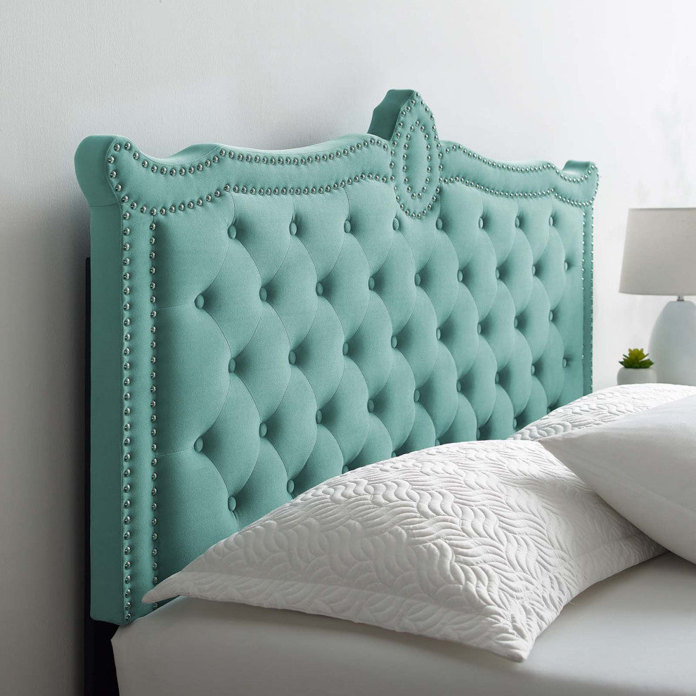 Platform Bed Frame, Nailhead, Queen Size, Blue, Velvet, Modern, Guest Suite