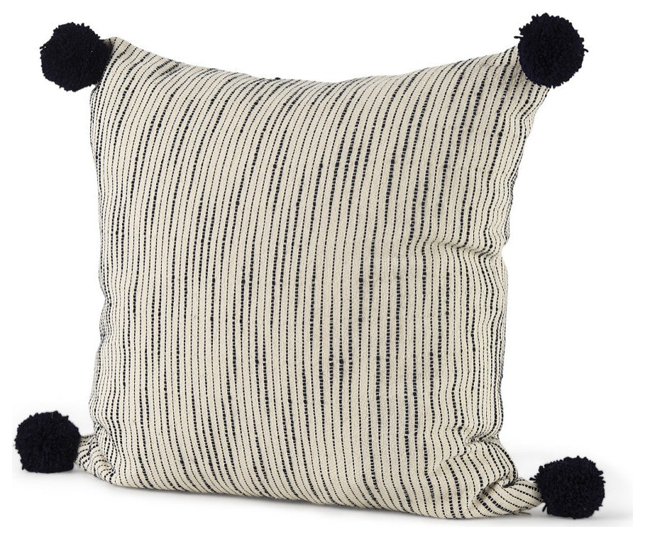 Beige and Midnight Pom Pom Square Accent Pillow Cover