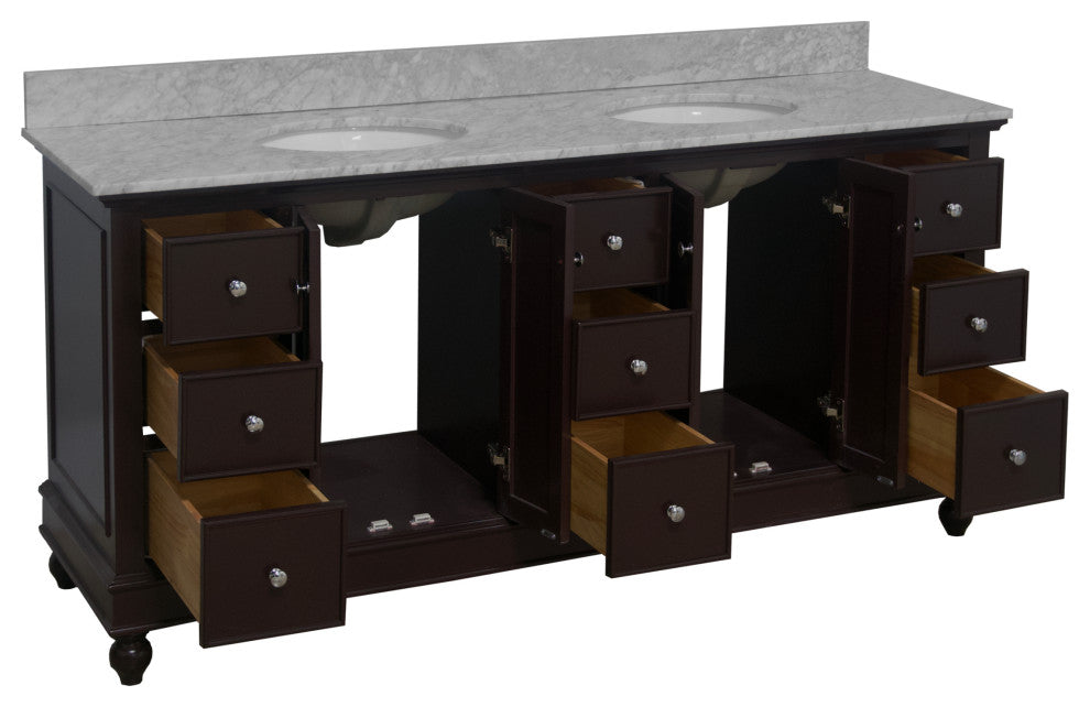 Bella 72" Double Bath Vanity, Base: Chocolate, Top: Carrara Marble