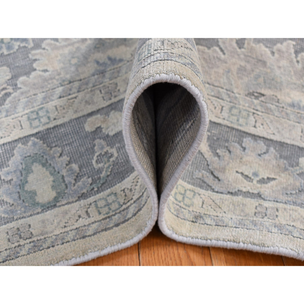 Battleship Gray Hand Knotted Oushak Influence Pure Silk and Wool Rug 6'1"x8'9"
