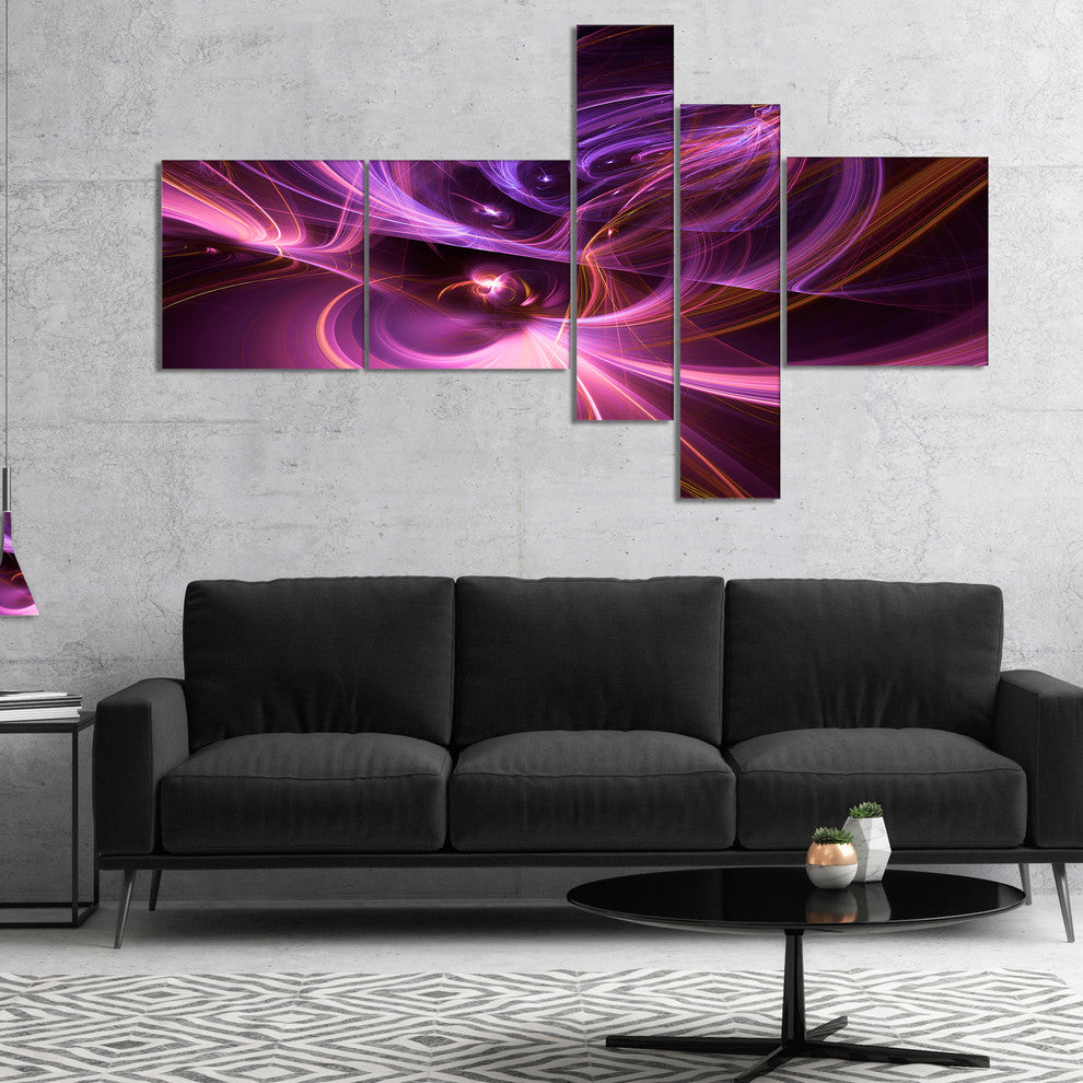 Purple Fractal Light Art in Dark, Abstract Canvas Art Print, 60"x32", 5 panels
