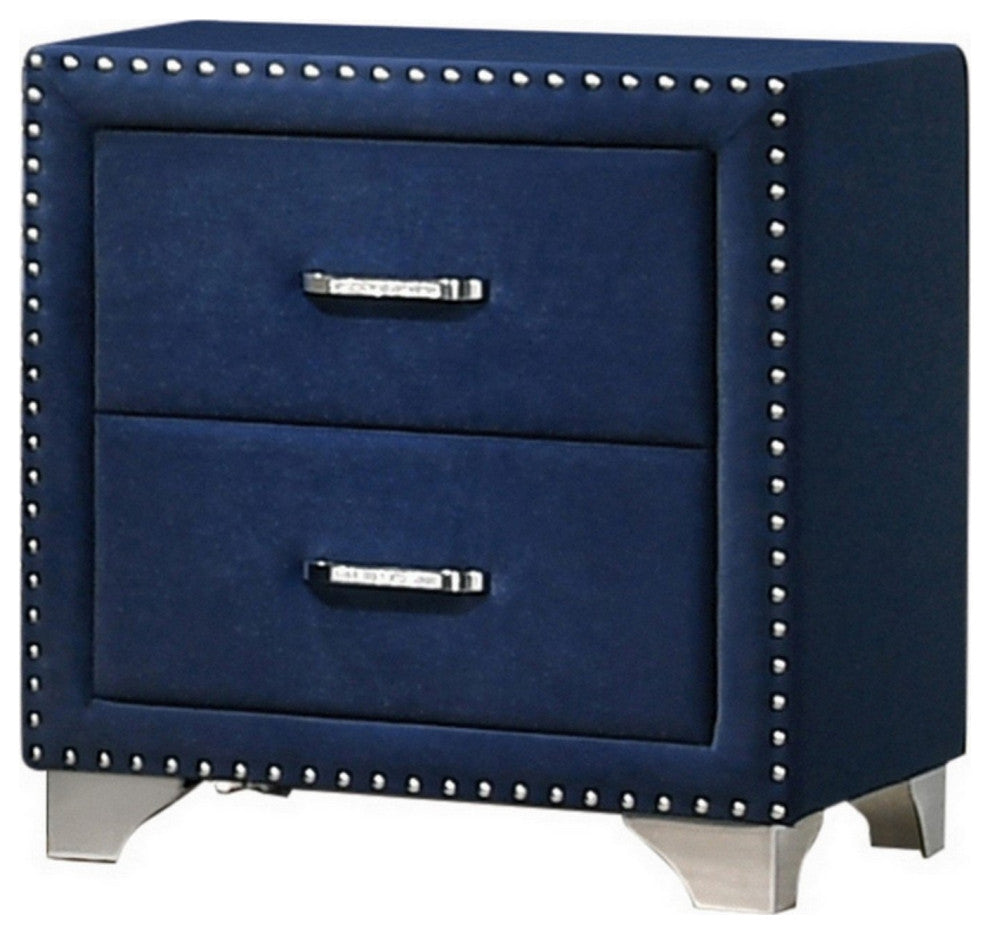 Cale 26 Inch Modern Wood Nightstand, Velvet Upholstered, Nailhead, Blue