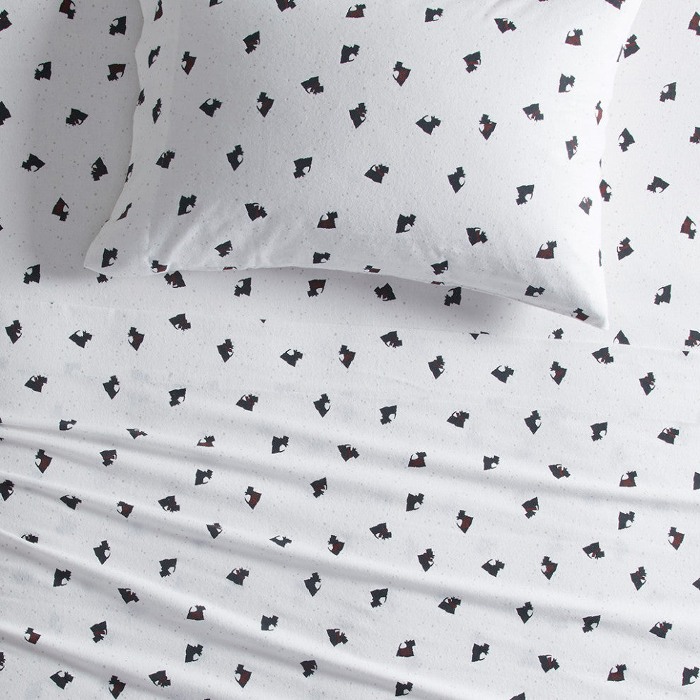 Woolrich Flannel Cotton Flannel Winter Sheet Set, White Scottie